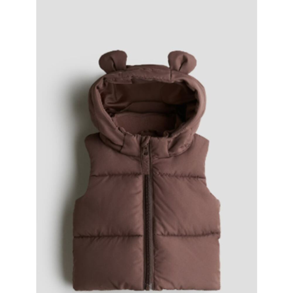 H&M Hooded Puffer Vest 18M Taupe Quilted Zip-Up Neutral Toddler